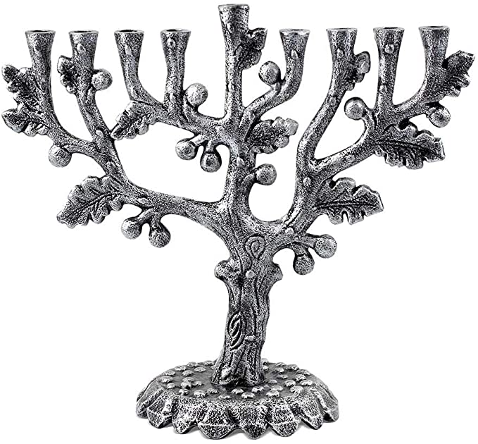 Zion Judaica Hanukkah Menorah Artistic Olive Tree Menorah (Antique Silver)