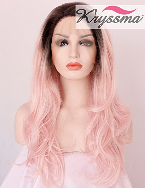 K’ryssma Ombre Pink Lace Front Wigs - Long Wavy Glueless Synthetic Hair 2 Tones Dark Roots to Baby Pink Wig Heat resistant 22 inches