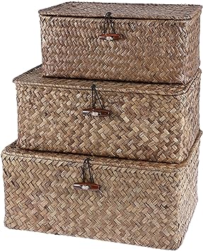 Hipiwe Shelf Baskets with Lid Set of 3 - Handwoven Wicker Basket Bins Box Lidded Home Storage Bins Seagrass Organizer Baskets Rectangular Closet Mounted Storage Boxes for Shelf