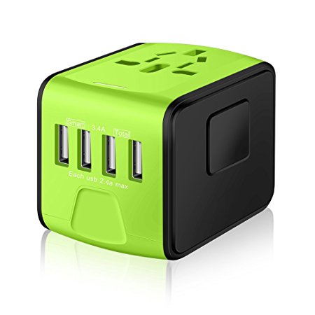 SAUNORCH Universal Travel Adapter,International Power Adapter W/Smart High Speed 2.4A 4xUSB Wall Charger, European Plug Adapter, Worldwide AC Outlet Electrical Adapters for Europe travel, Canada, UK, US, AU, Asia-Green