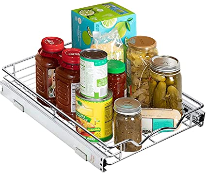 Slide Out Cabinet Organizer - Chrome One Tier 14"W x 18" D x 3.2”H, Requires At Least 15” Cabinet Opening, Slide Out Kitchen Cabinet Organizer & Pull Out Under Cabinet Pots & Pans Sliding Shelf