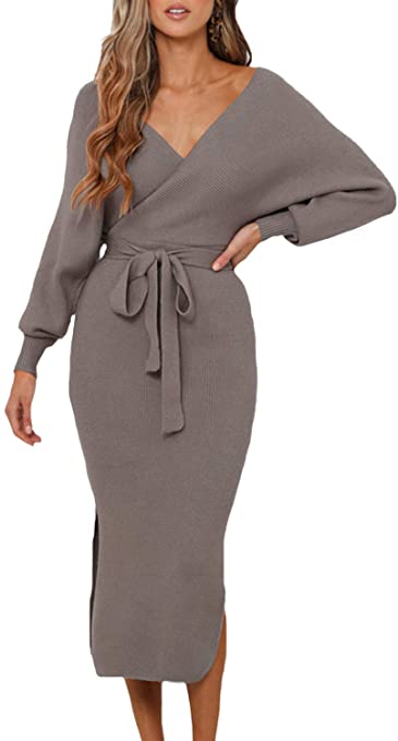 VamJump Women's V Neck Sweater Wrap Dress Batwing Long Sleeve Dress Backless Bodycon Maxi Dress with Belt