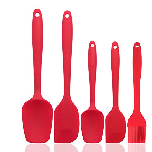 Somine 5-Piece Non-Stick Silicone Kitchen Utensils Set with Different Shapes Mixing Spatula Scraper and 1 Bonus Grilling Brush,Color:Red