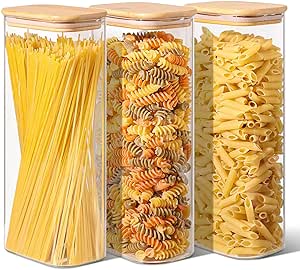 ComSaf 71oz Rectangle Glass Storage Containers with Lids, Glass Jars with Bamboo Lids, Clear Food Storage Jar, Tall Spaghetti Container, Pantry Storage Container for Pasta Flour Oats Nuts Rice