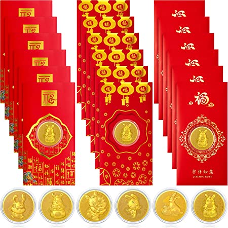 18 Pieces Rabbit Coins Red Envelopes Chinese New Year Red Packets Hong Bao Blessing Envelopes, 2023 Chinese Rabbit Year Lucky Money Packets Chinese Red Envelopes for Lunar Spring Festival