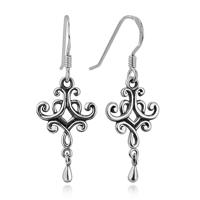 925 Oxidized Sterling Silver Vintage Open Detailed Filigree Dangling Dangle Hook Earrings 1.3"