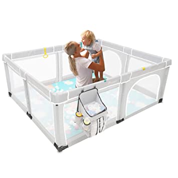 Yobest Baby Playpen, Playard Kit Includes Play Mat x 1, Ocean Ball x 50, Hanging Diaper Caddy x 1, Indoor Outdoor Kids Activity Center, Infants Fences with Gate