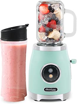 Americana EPB399M by Elite Maxi-Matic Retro Personal Blender with 17oz Glass Mason Jar, 20oz. Sports Bottle with Lids, Blend Smoothie, Crush Ice, Shakes, Keto Protein, 300 Watts, Mint