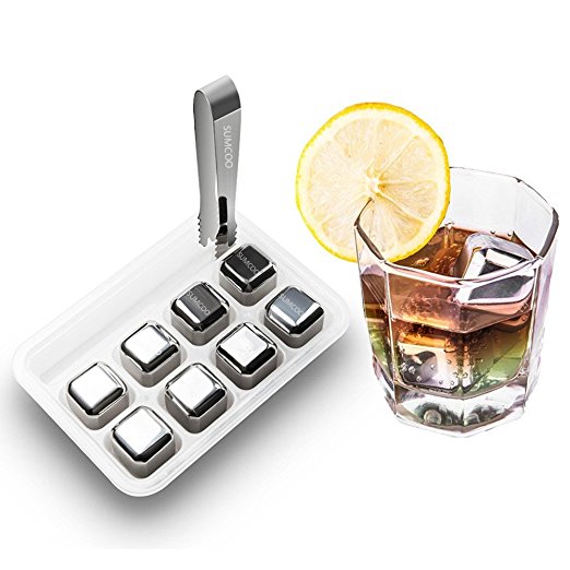 SUMCOO 8 Set Dry-Ice Stainless Steel Reusable Wine Ice Cubes,Whiskey Chiller, Whiskey Stones ,Sipping Stones and Wine Chiller (SW-01)