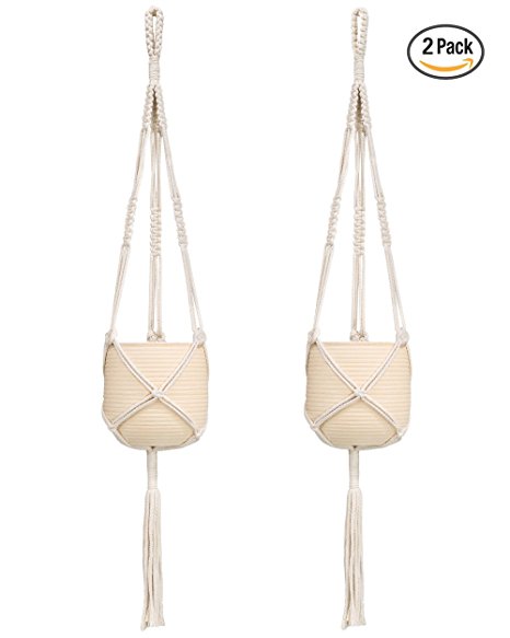 Mkono 2 Pcs Macrame Plant Hanger Indoor Outdoor Hanging Planter Basket Cotton Rope 3 Legs 39 Inch