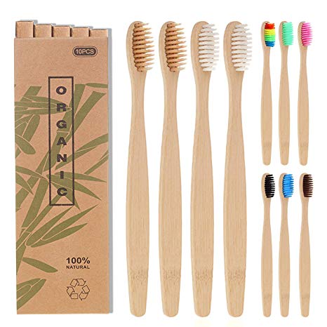 Bamboo Toothbrushes,10-Pack Eco-Friendly Wooden Toothbrush Bamboo Brush Natural Wooden Toothbrush Natural Bristles for Healthy Dental Care,Organic,Biodegradable,Recyclable