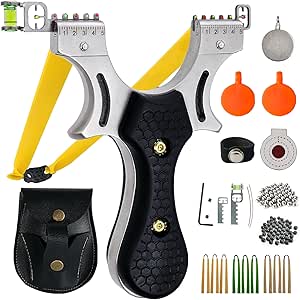 Slingshot, Stainless Steel Slingshots for Adults and Kids, Sling Shot for Hunting and Shooting Practice with 1 Ammo Pouch, 100 Ammo Balls, 9 flatbands & 4 Target, Slingshot for Outdoor Catapult Game