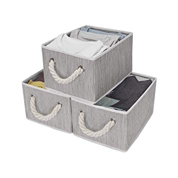 StorageWorks Storage Decorative Storage Bin with Cotton Rope Handles, Foldable Storage Basket, Gray, Bamboo Style, 3-Pack, Medium, 11.4x8.7x6.7 inches. (LxWxH)