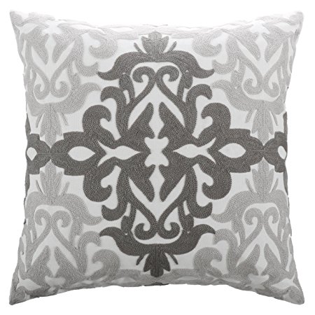 Pony Dance Cotton Linen Vintage Accent Floral Embroidered Square Damask Throw Pillowcase 18"x18"(45x45cm),Grey Floral