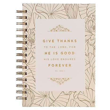 Christian Art Gifts Journal w/Scripture for Women Give Thanks Psalm 106:1 Bible Verse White/Gold 192 Ruled Pages, Large Hardcover Notebook, Wire Bound