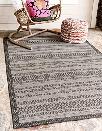 Unique Loom Outdoor Border Collection Striped Moroccan Transitional Indoor and Outdoor Flatweave Gray  Area Rug (4' 0 x 6' 0)