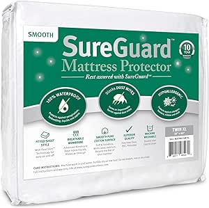 SureGuard Twin Extra Long (XL) Mattress Protector - 100% Waterproof, Hypoallergenic - Premium Fitted Cotton Cover - Smooth