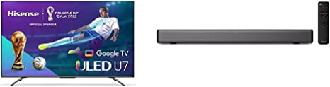 Hisense ULED Premium U7H QLED Series 55-inch Class Quantum Dot Google 4K Smart TV & HS214 2.1ch Sound Bar with Built-in Subwoofer, 108W, All-in-one Compact Design