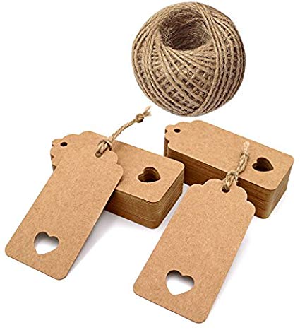 Kraft Paper Tags,100 PCS Brown Gift Tags, 4.5cm x 9.5cm Lovely Hollow Heart Wedding Favour Name Tags Card with 100 Feet Jute Twine String for Luggage and DIY Tags