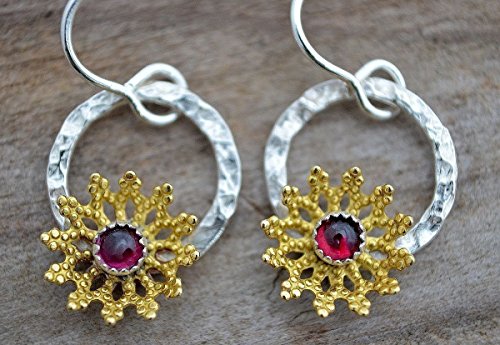 Very small tiny sterling silver hammered hoop dangle earrings, brass gold filigree flower, semiprecious genuine garnet stone jewelry