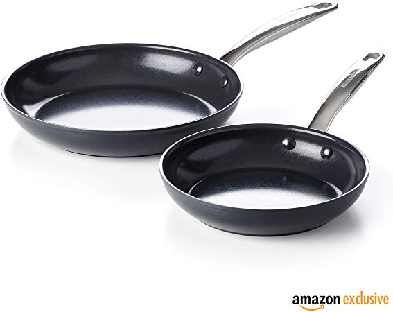 GreenPan CC002675-001 Prime Midnight Ceramic Frying Pans, 8" & 10" Frypan Set, Black