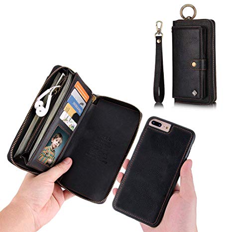 iPhone 7 Wallet Case - JAZ Zipper Purse Detachable Magnetic 14 Card Slots Card Slots Money Pocket Clutch Leather Wallet Case for iPhone 8/iPhone 7 Black