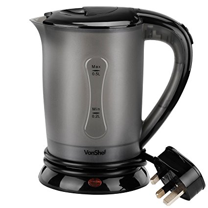 VonShef 220 240 Volts Travel Kettle with 2 Cups - Portable and Compact Design - 0.5L | 220v 240v (NOT FOR USA)