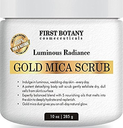 100% Natural Gold Mica Face and Body Scrub 10 oz with Nourishing Oils - Best for Acne, Eczema, Skin Discoloration and Detox, Deep Skin Exfoliator and Body wash