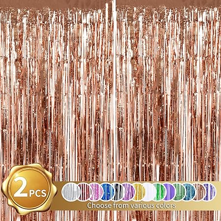 2 Pcs Rose Gold Door Streamers Tinsel Curtain Party Backdrop Fringe Foil Wall Background for Birthday Christmas Wedding Barbie Girls Valentine's Day Party Decoration(3.28 ft x 6.56 ft)