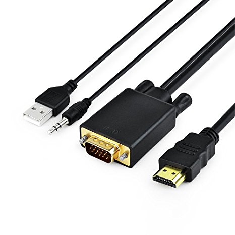 VGA to HDMI Cable with Audio, 6FT VGA to HDMI Adapter Cord with USB Audio for Old Desktop PC/ Laptop to New TV/ Monitor/ Projector (Male to Male)