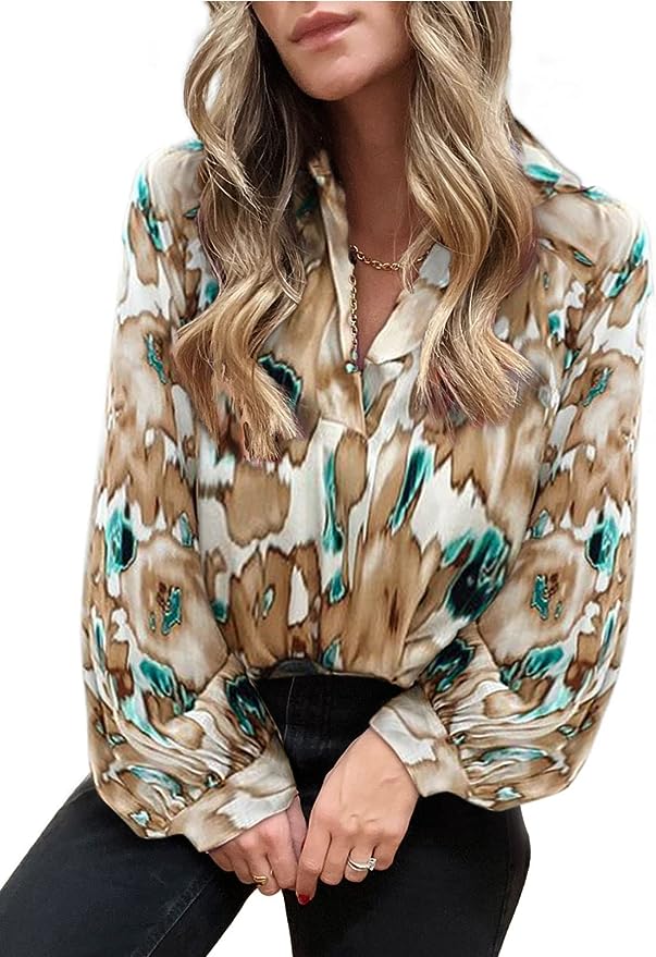 Dokotoo Womens Tops Boho V Neck Abstract Print Lantern Long Sleeve Casual Loose Blouses Shirts