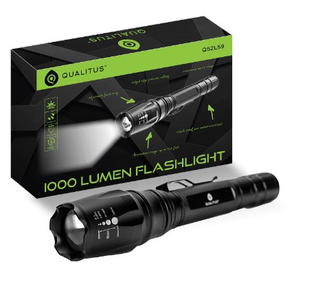 Qualitus 1000 Lumen Ultra Bright LED Tactical Flashlight - Rechargeable Battery, 525ft Range, Water Resistant & Shock Proof, Adjustable Focus, Self Defense Striking Bezel, Wall Charger Included