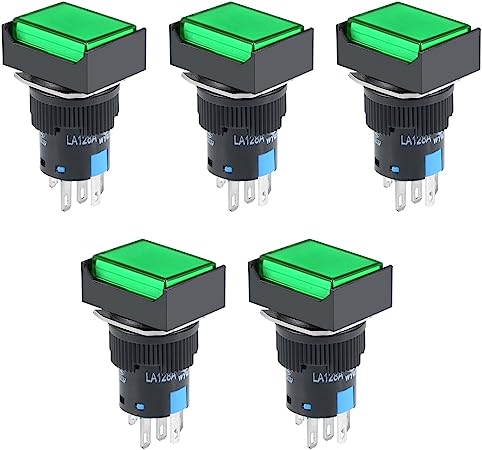 uxcell 5Pcs 16mm Momentary Push Button Switch Green LED Light Rectangular Button 1 NO 1 NC