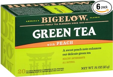 Bigelow Green Tea with Peach, 20-Count Boxes (Pack of 6)