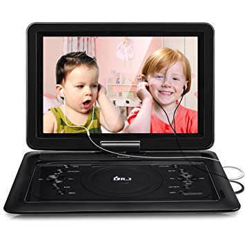 2018 Upgraded DR. J Professional 14.1 inch 7 Hours Portable DVD Player with Build-in Rechargeable Battery, 270°Swivel Screen, 5.9 ft Car Charger and SD Card Slot, USB Port and Two Earphones