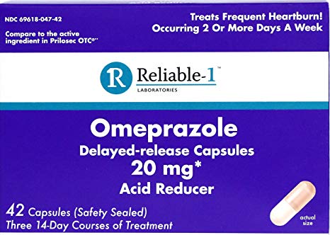 Reliable 1 Laboratories Omeprazole Delayed-release Capsules 20Mg Acid Reducer (3 bottles with 14 count each) 42 count
