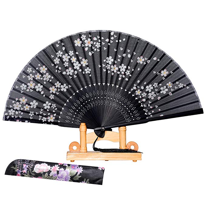 BABEYOND Japanese Floral Folding Hand Fan Vintage Handheld Folding Fan with Fan Stand Fabric Folding Fan for Wedding Dancing Party (Japanese flower with fan stand-Black)