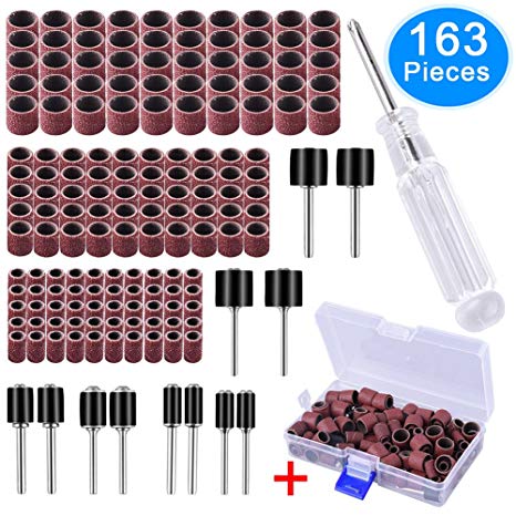 AUSTOR 163 Pieces Sanding Drum Kit with Screwdriver and Free Box Including 150 Pieces Drum Sander Sleeves and 12 Pieces Drum Mandrels for Dremel Rotary Tool