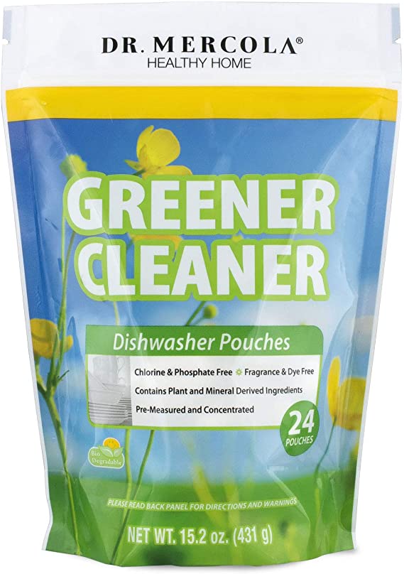 Dr. Mercola Greener, Cleaner Dishwasher Pouches, 24 Pouches, Chemical-Free, No phosphates, No SLS, No fragrances, No Chlorine, No Dyes, Biodegradable Ingredients