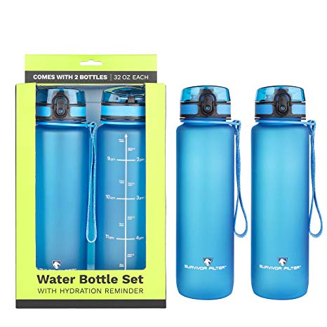 Survivor Sports Water Bottles (32oz) - 2 Bottle Set (2 Liters Total) with Leakproof Quick-Lock Lids, Hydration Reminder and Convenient Carry Straps - BPA Free - Yoga, Cycling, and Runner Waterbottle