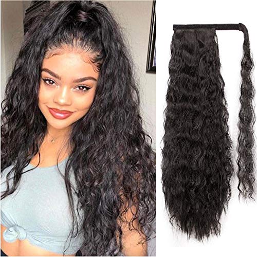 Alimice Long Corn Wave Ponytail Extension Wavy Synthetic Curly Drawstring Ponytail for Women Magic Paste Black Kinky Straight Wrap Around Clip in Hairpiece Heat Resistant for Girl Lady (21inch, 2#)