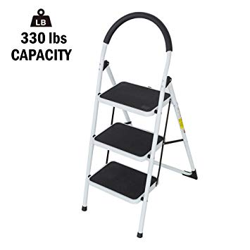 Lucky Tree Non-Slip 3 Feet Step Ladder Steel Foldable Step Stool with Wide Platform and Handgrip&nbsp;for Household and Office, 330lbs Capacity