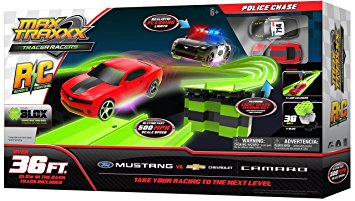 Max Traxxx R/C Tracer Racers High Speed Remote Control 'Police Chase' Officially Licensed Ford Mustang vs Chevy Camaro Track Set