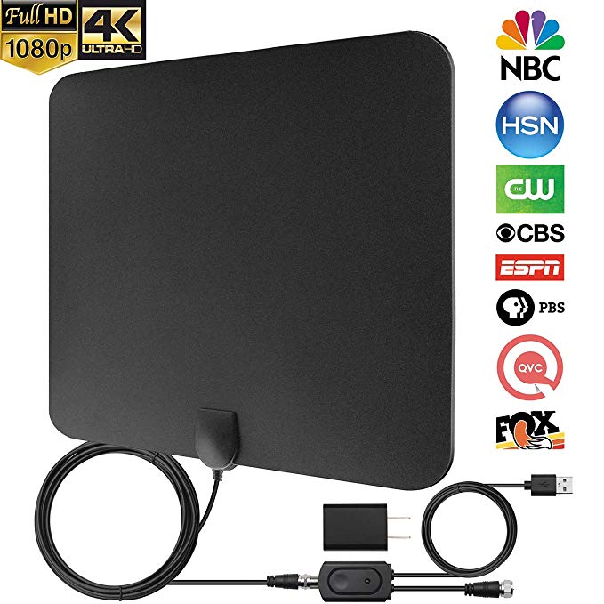 [Newest 2019] Amplified HD Digital TV Antenna, Jialebi Amplified HD Signal Booster Long 60-120 Miles Range Support 4K 1080p VHF UHF Freeview HDTV Channels with 18ft Coax Cable/AC Adapter