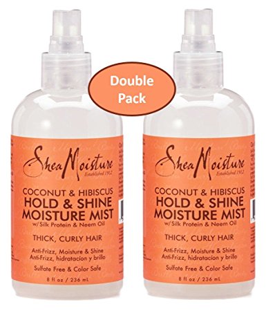 Shea Moisture Coconut Hibiscus Hold & Shine Daily Moisture Mist w/ Silk protein & Neem Oil 8 oz - Thick, Curly Hair - Sulfate Free & Color Safe- Value Double Pack - Qty of 2 Each