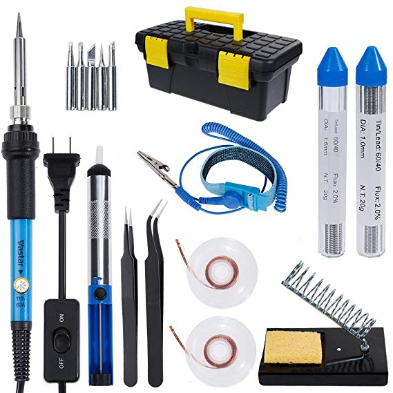 Vastar AC222 Soldering Iron Kit, 16 in 1 60W Welding Soldering Iron Temperature Adjustable with On/Off Switch, Soldering Tips, Desoldering Pump, Soldering Wire, Soldering Station Anti-static Tweezers