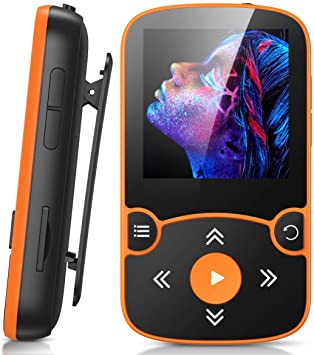 AGPTEK MP3 Player Bluetooth 5.0 Sport 32 GB with 1.5 Inch TFT Colour Screen Mini Music Player with Clip, Supports up to 128 GB SD Card, with Independent Volume Button, Orange
