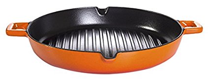 Essenso Convex Curved Base Cast Iron Grill Pan with 4-Layer Enamel Coating, Induction Compatible, 11.8", Orange/Black