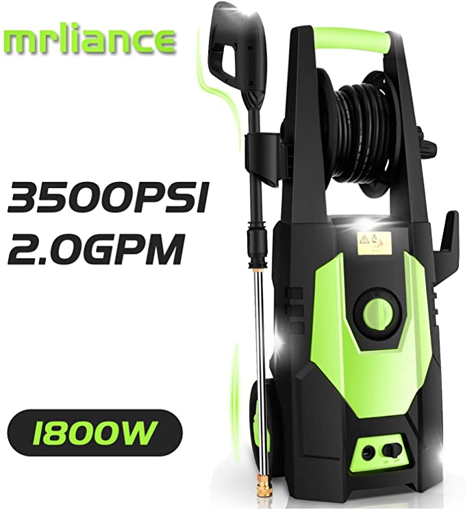 mrliance 3500PSI Electric Pressure Washer 2.0GPM Power Washer 1800W High Pressure Washer Cleaner Machine with Spray Gun, Hose Reel, Brush, and 4 Adjustable Nozzle