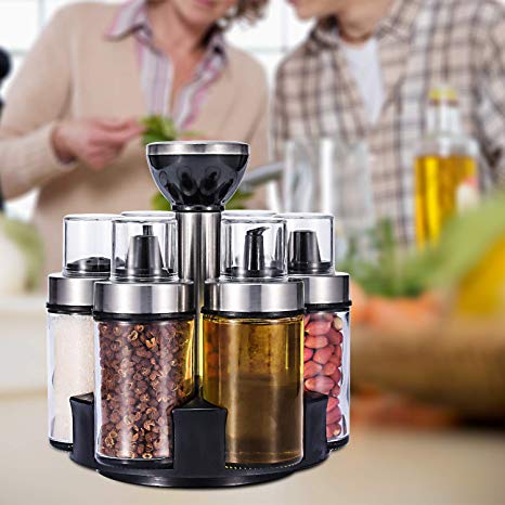 Premium Salt and Pepper Shakers Set of 6 Bottles with 360°Rotating Holder - Salt & Pepper Grinder Set | Oil and Vinegar Dispenser Set | Serve Olive Oil, Sauce Wine, Spices | Cookware for Home Kitchen